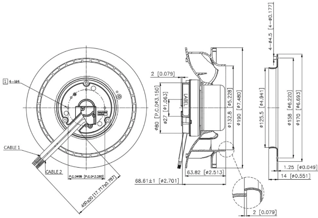 Габаритные размеры радиального вентилятора охлаждения GTB019BUA07R-V E1 Delta Electronics